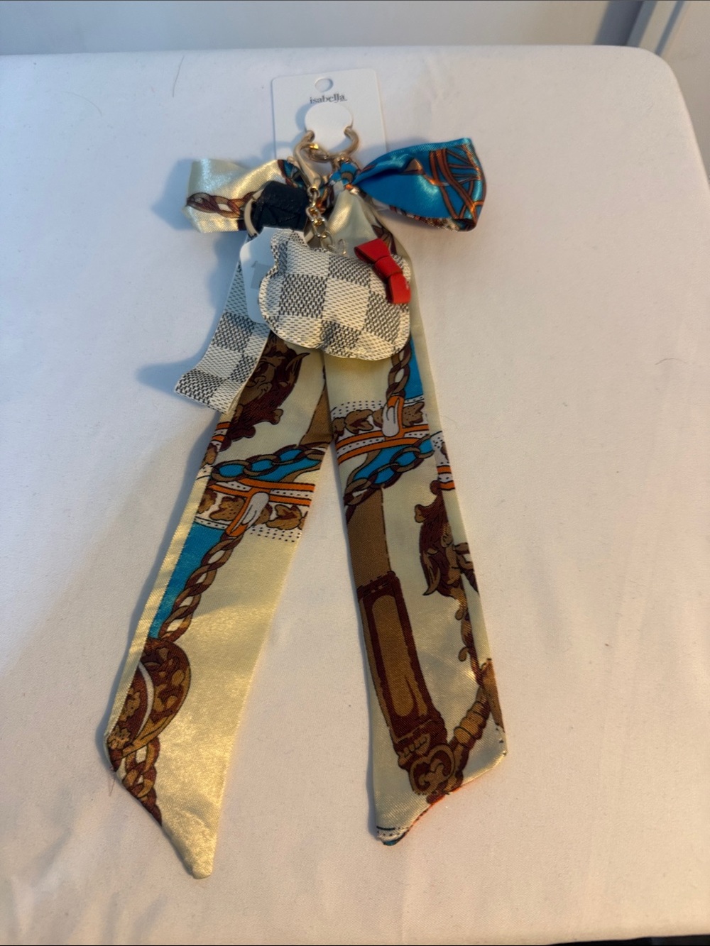 Abella Silk Ribbon Key Charm in Cream, Blue, Brown & Red